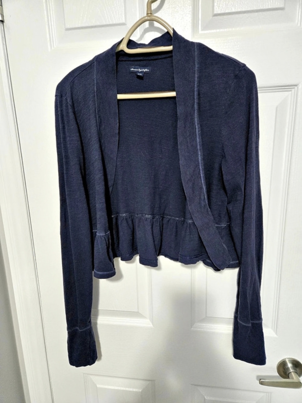 American Eagle Outfitters Ruffle-Hem Cardigan in Blue Size XL Like New